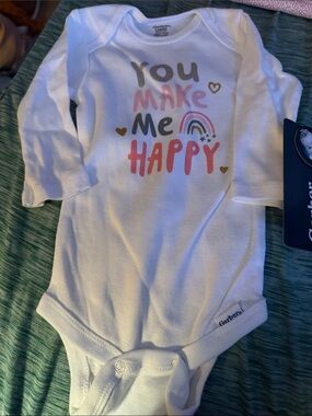 Gerber White Long-Sleeve One-Piece with Colorful 'You Make Me Happy' Graphic